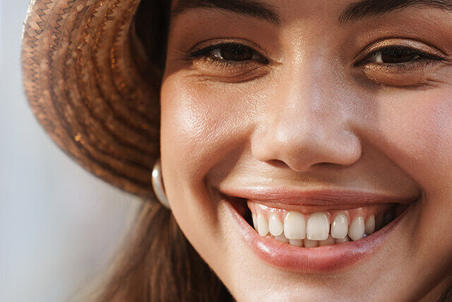 Gesicht einer lächelnden Frau mit fettiger Haut und etwas geweiteten Poren. 
