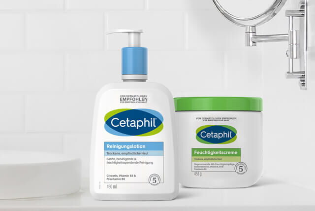 Zwei Cetaphil Hautpflegeprodukte für die Reinigung und Feuchtigkeitspflege trockener, empfindlicher Haut.